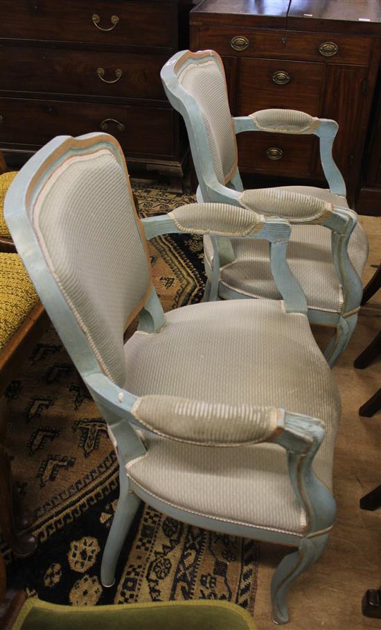 Pair blue painted elbow chairs